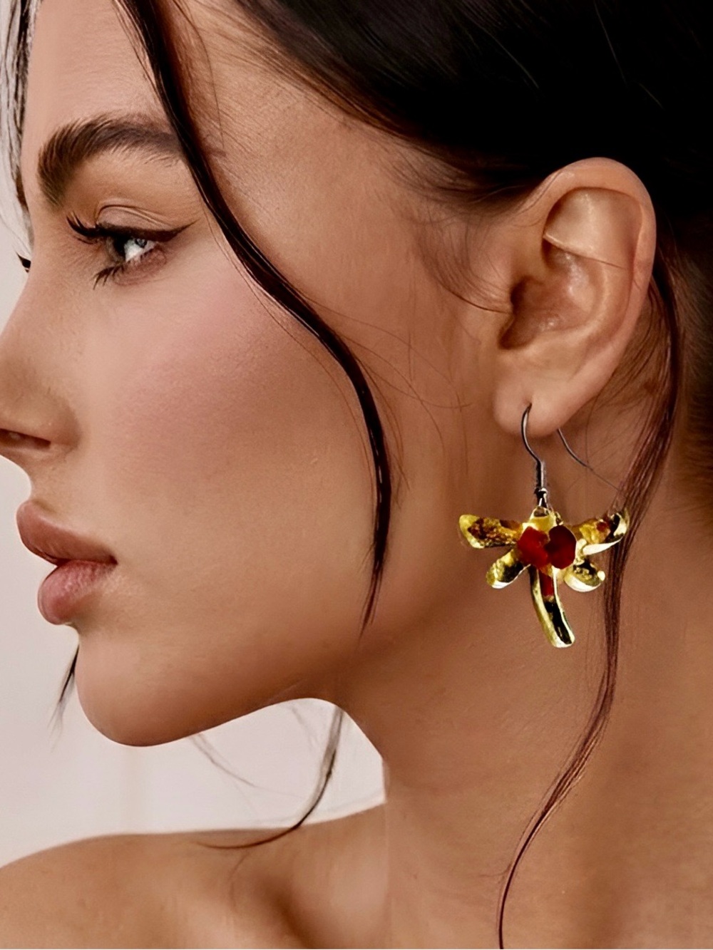 Handcrafted Red and Gold Floral Dragonfly Earrings in Silver Frames